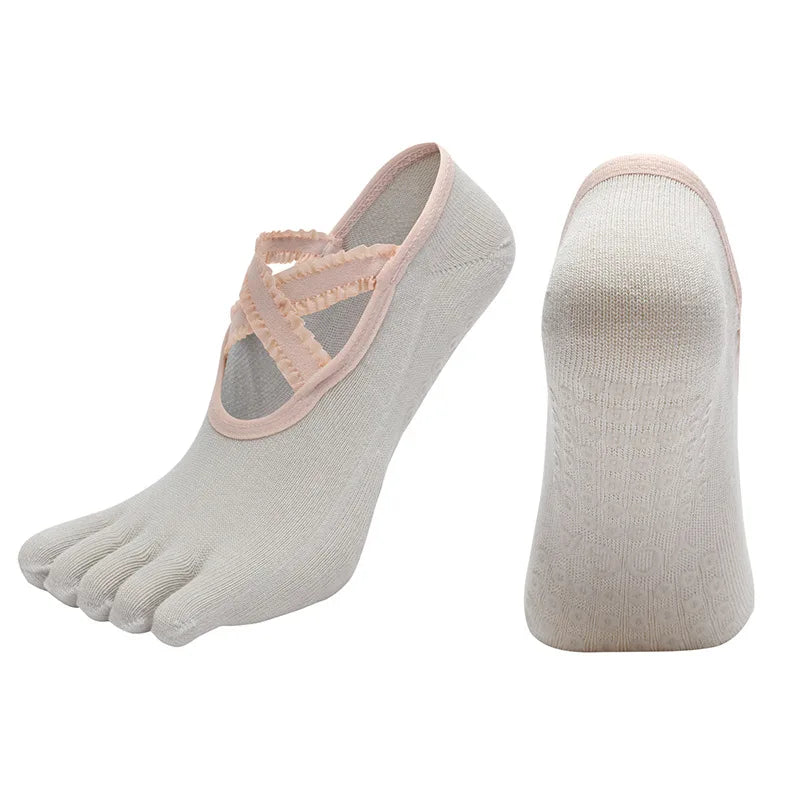 Yoga Socks Lace Cross Strap Bandage Non Slip Gym Workout Pilates Ballet Dance Cotton Split Toe Grip Floor Socks