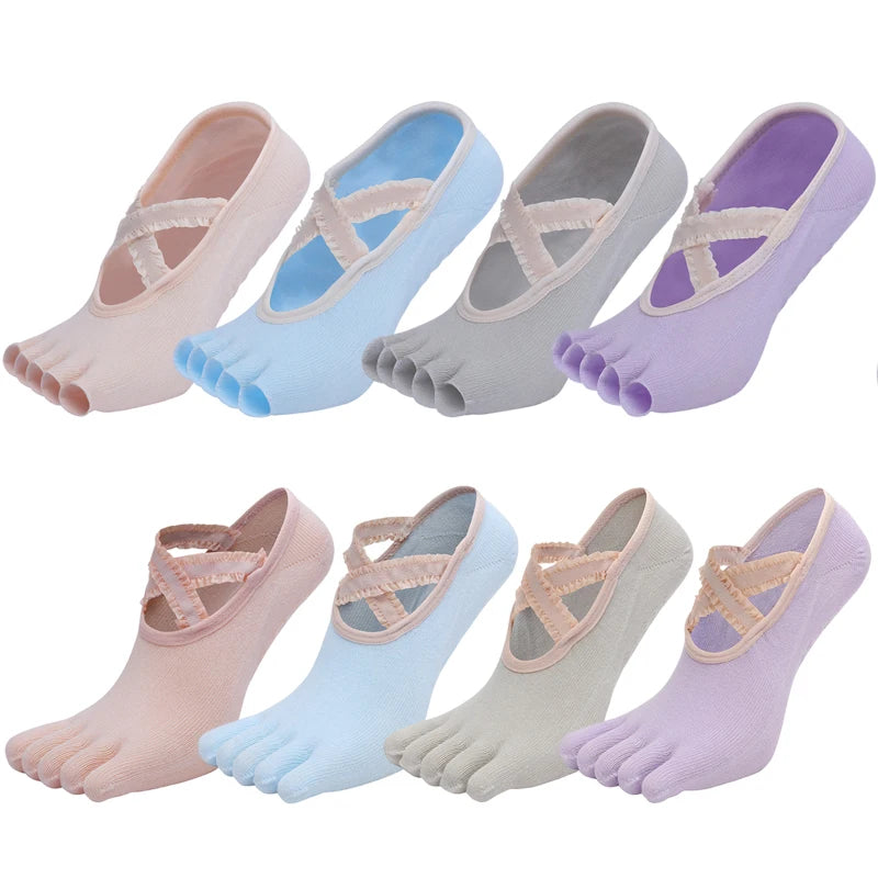 Yoga Socks Lace Cross Strap Bandage Non Slip Gym Workout Pilates Ballet Dance Cotton Split Toe Grip Floor Socks