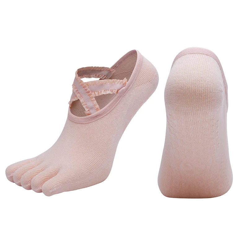 Yoga Socks Lace Cross Strap Bandage Non Slip Gym Workout Pilates Ballet Dance Cotton Split Toe Grip Floor Socks