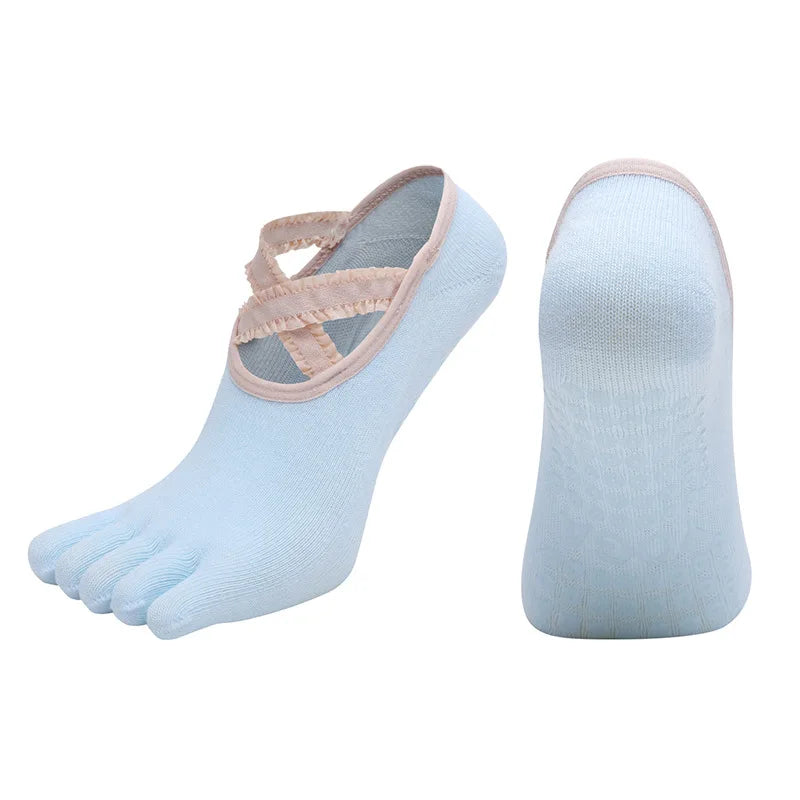 Yoga Socks Lace Cross Strap Bandage Non Slip Gym Workout Pilates Ballet Dance Cotton Split Toe Grip Floor Socks