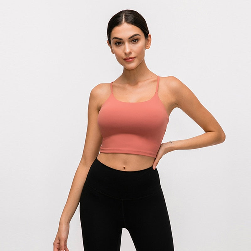 Solid Cami Sports Bra Women Vest Type Push Up Gym Crop Top